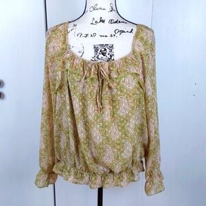 DR2- Womens Semi Sheer Paisley Ruffles Blouse Neutrals Prairie Peasant Sz.Large